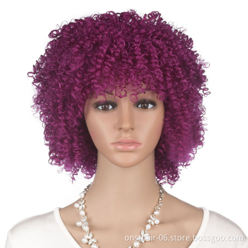 Onst Wholesale 12inches Afro Kinky Curly Wig Synthetic Short Wig Synthetic Headband Wig for Black Natural Women with Bangs Pink